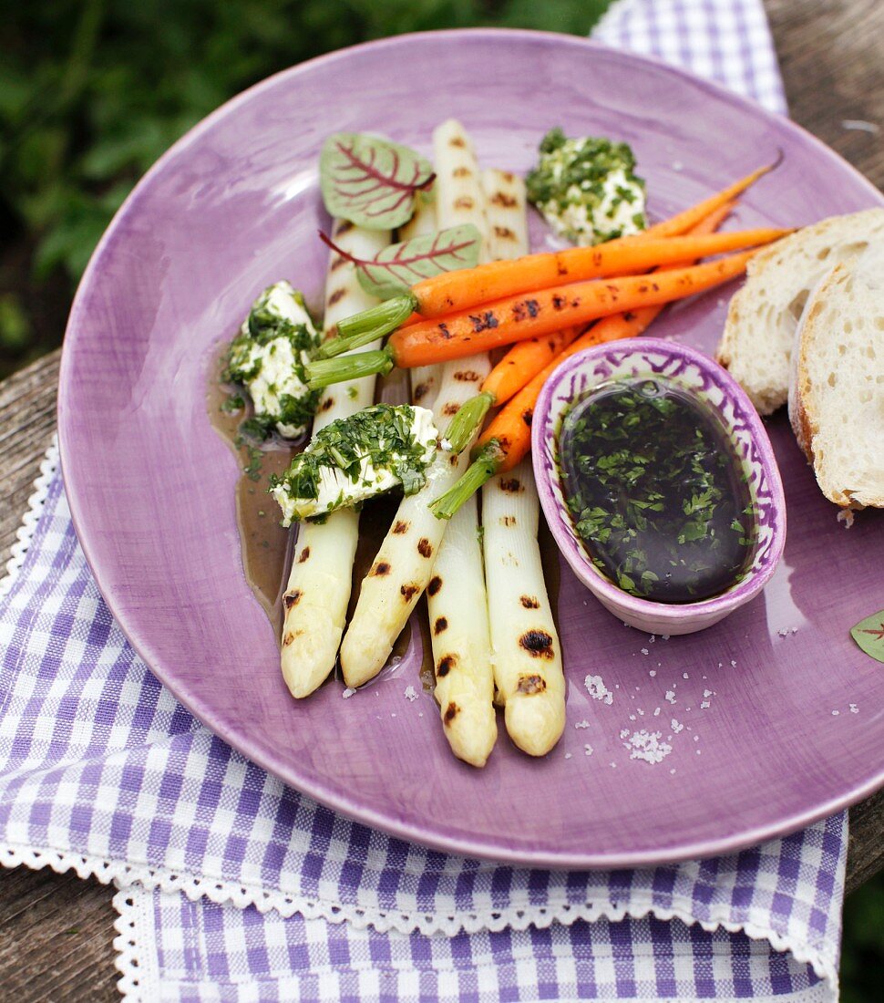 Grilled spring vegetables with marinated herb cream cheese