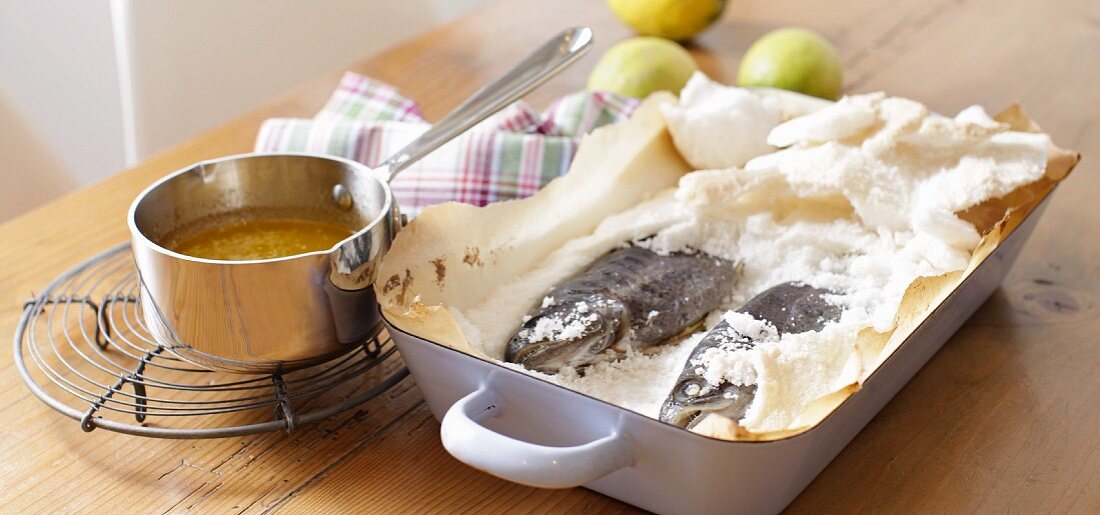 Herb trout in a salt coating