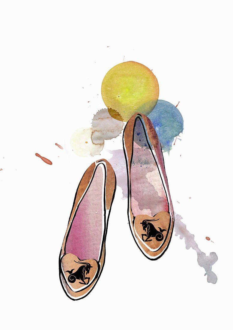An illustration of the star sign Capricorn on a pair of ladies shoes