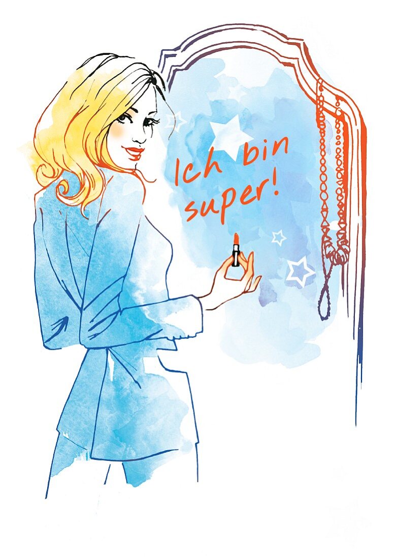 An illustration of a young woman writing 'Ich bin super! (I am super!) on a mirror