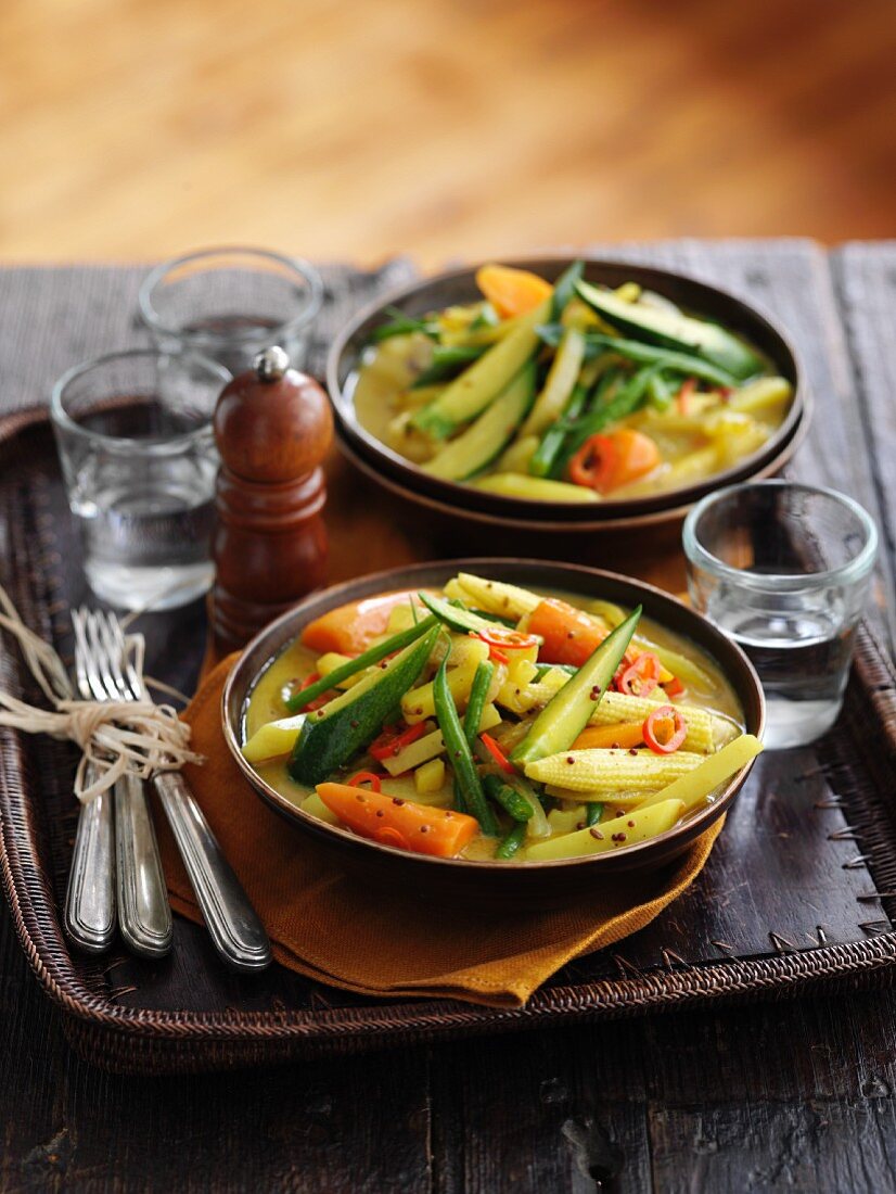 Stew with spring vegetables and coconut milk