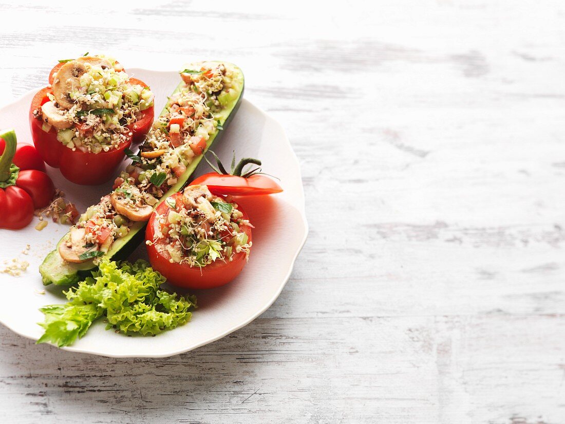 A trio of vegetables filled with quinoa sprouts