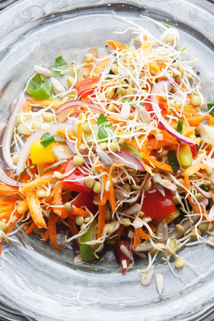 A colourful lentil sprout salad with vegetables