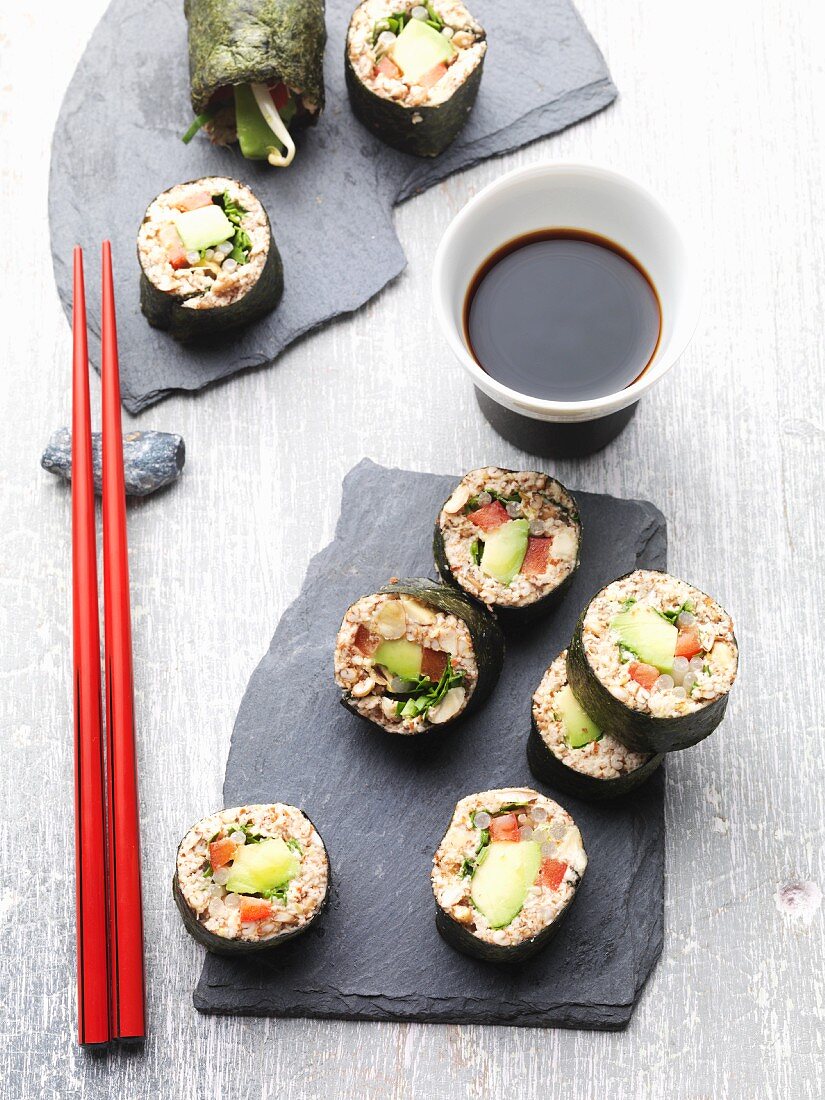Vegan sushi made from almond, spelt sprouts and vegetables