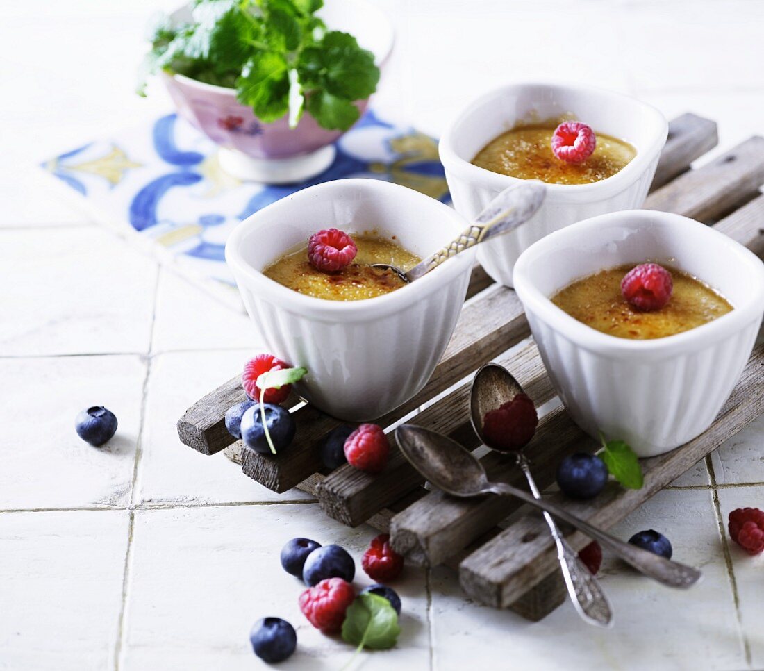 Crème Brûlée mit Himbeeren und Heidelbeeren