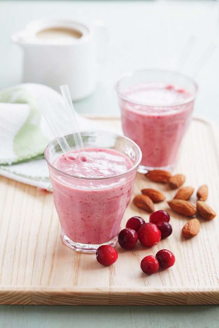 A milkshake with cranberries and almonds