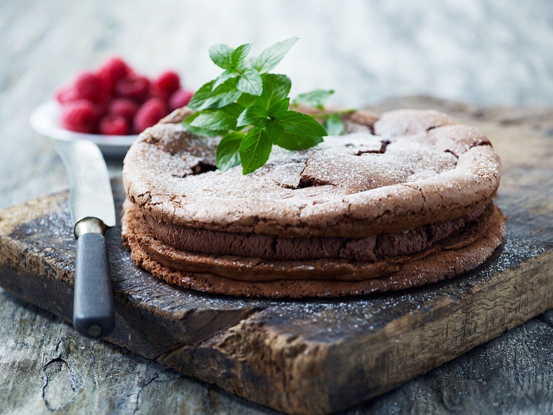 A light chocolate cake with peppermint and raspberries