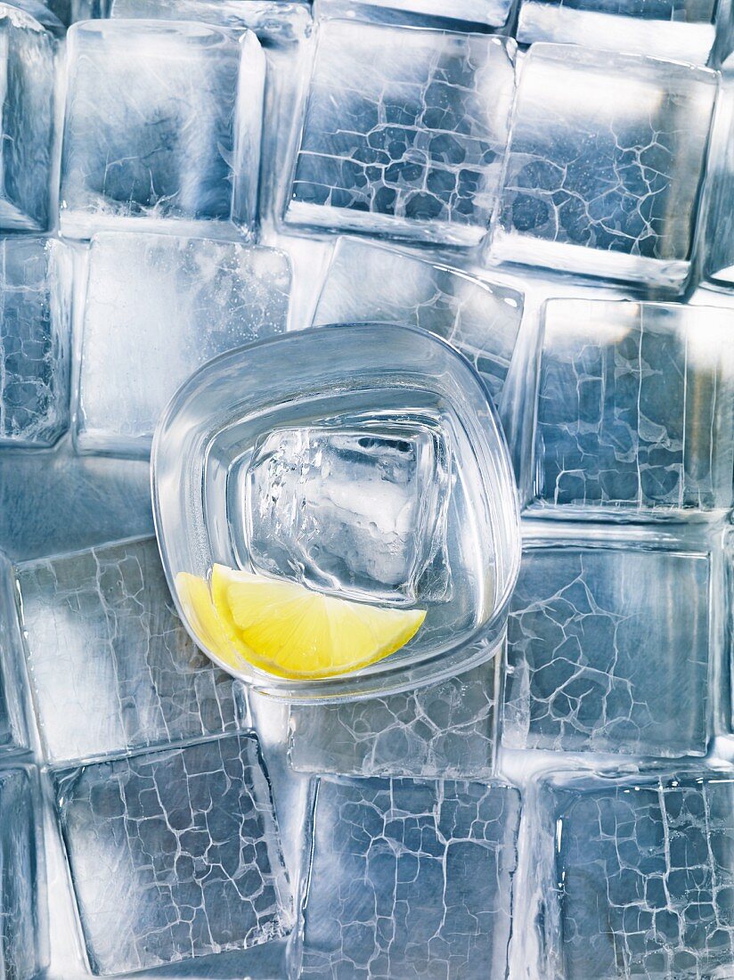 A glass of vodka with lemons on ice cubes