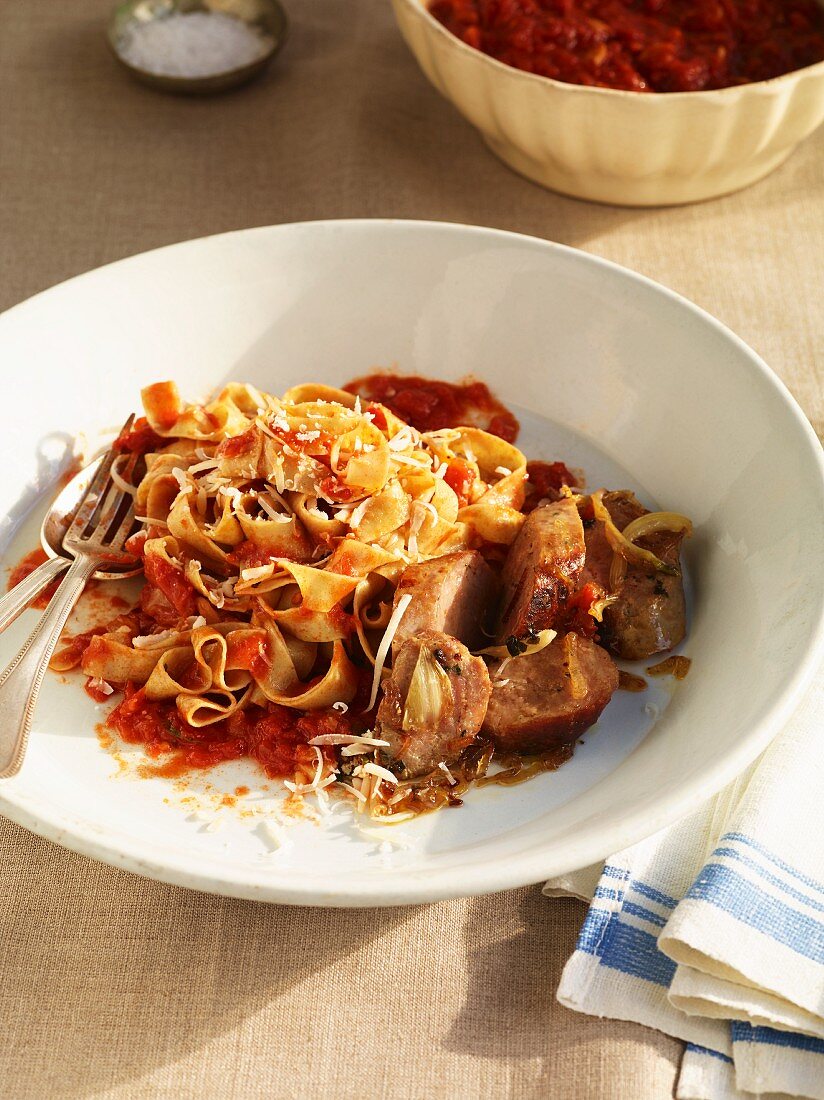 Pappardelle with sausage and tomato sauce