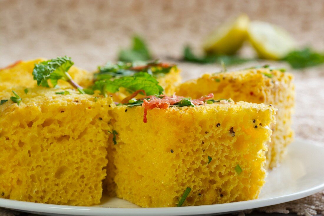 Khaman Dhokla - steamed chickpea flour cake (India)