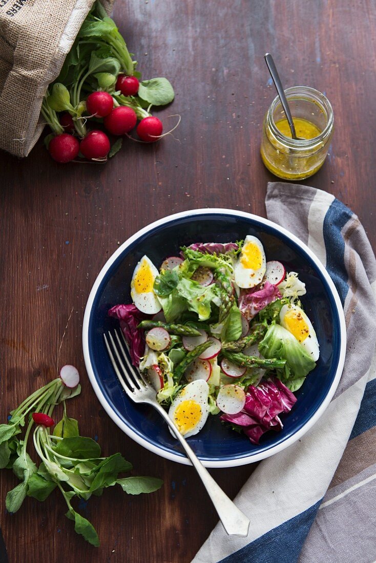 Radish salad with green asparagus and egg