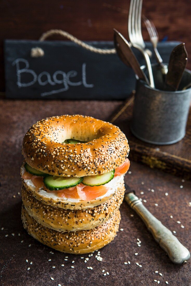 Bagel topped with cream cheese and smoked salmon