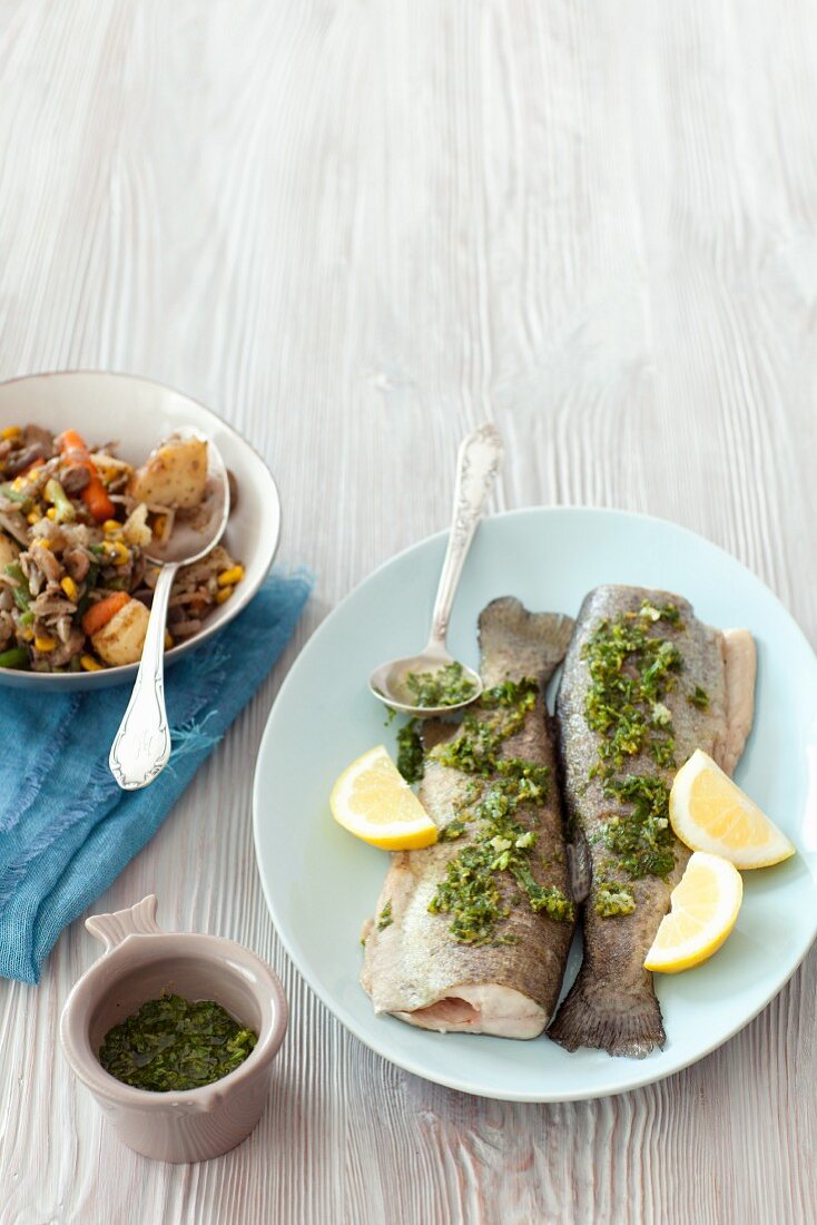 Baked trout with parsley and lemon gremolata and vegetables