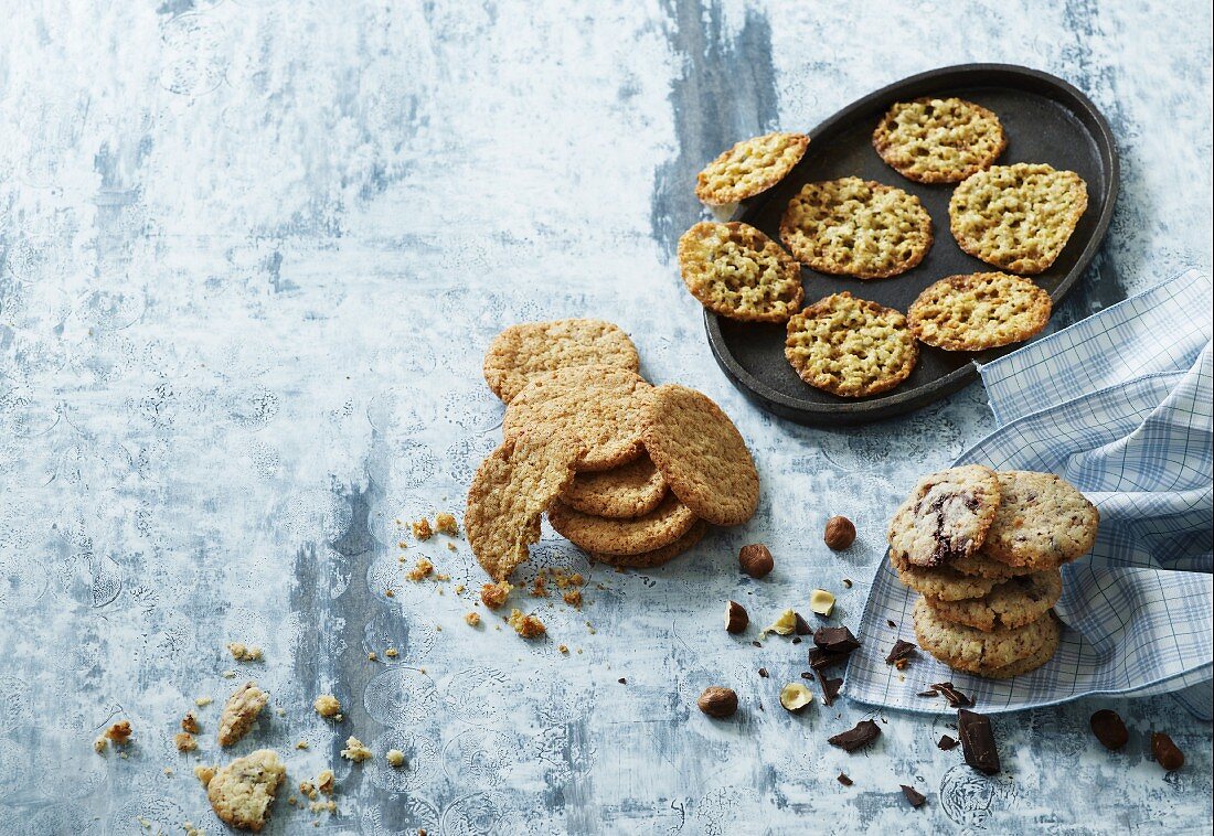 Oat biscuits, hazelnut macaroons and chocolate cookies
