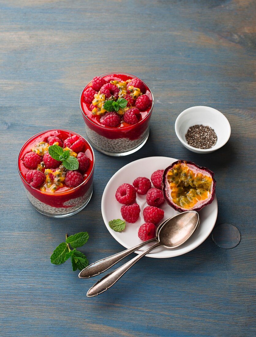 Chia pudding with raspberries and passion fruit