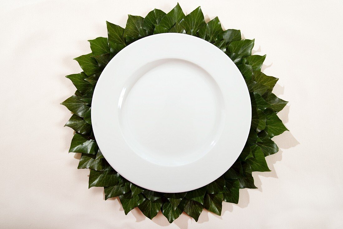 White plate with hand-crafted place mat made from felt and ivy leaves