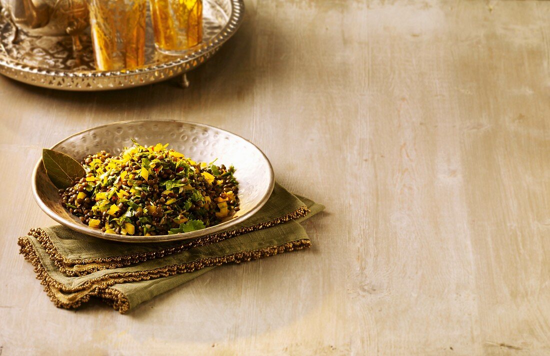 Green lentil salad with a ginger and pepper salsa