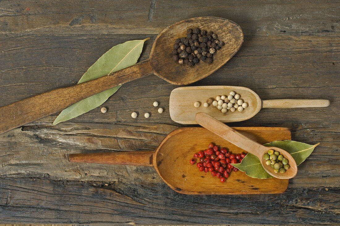 Various types of pepper on wooden spoons with bay leaves on a wooden surface