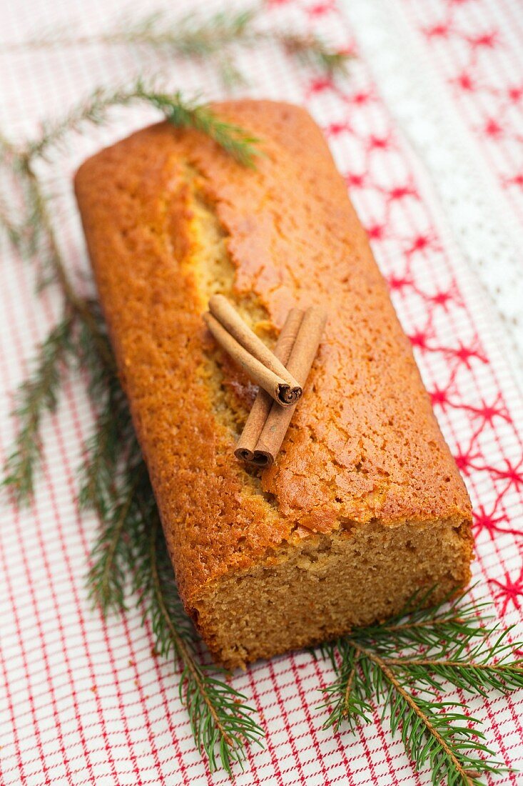 Gingerbread cake with cinnamon sticks and a pine sprig