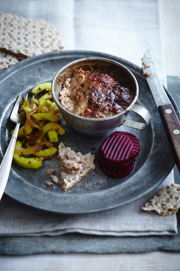 Liver pâté with a cucumber chutney and beetroot