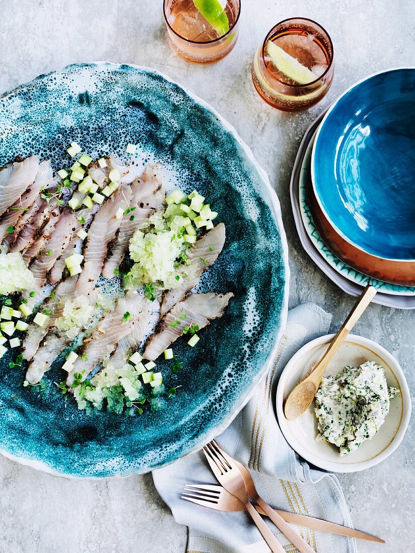 Pickled Kingfish with diced cucumber und gin and tonic granita