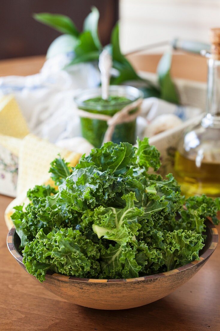 Fresh green kale and green kale pesto