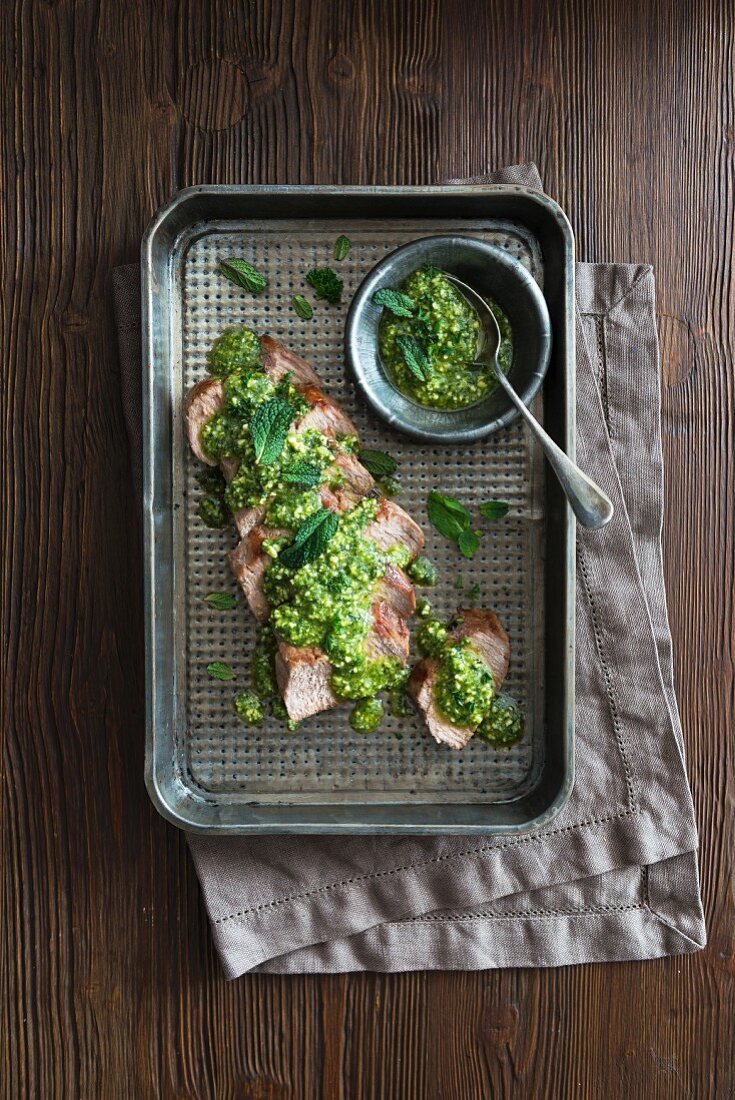 Lamb fillet with mint sauce (seen from above)