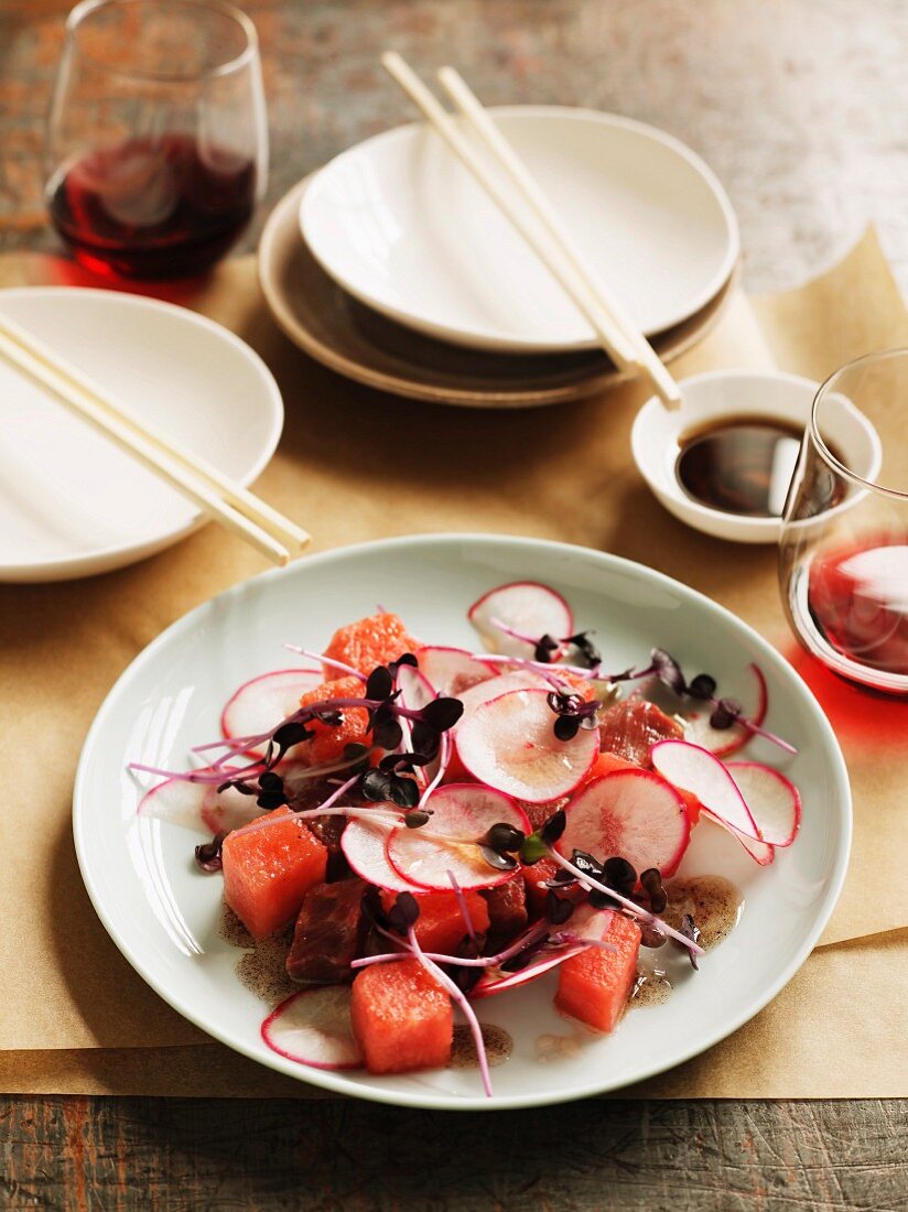 Flat-iron Wagyu steak with watermelon, radish and red cabbage sprouts