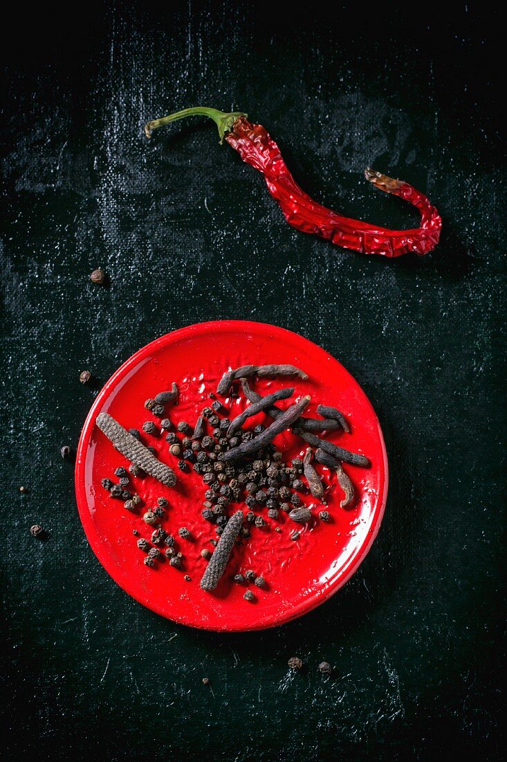 A mixture of peppercorns on a red plate with dried red chillis