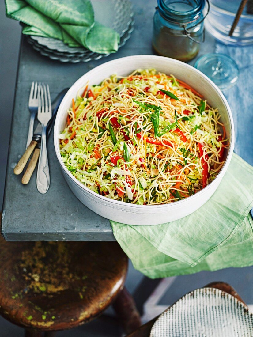 Crunchy cabbage noodle salad with peanut dressing