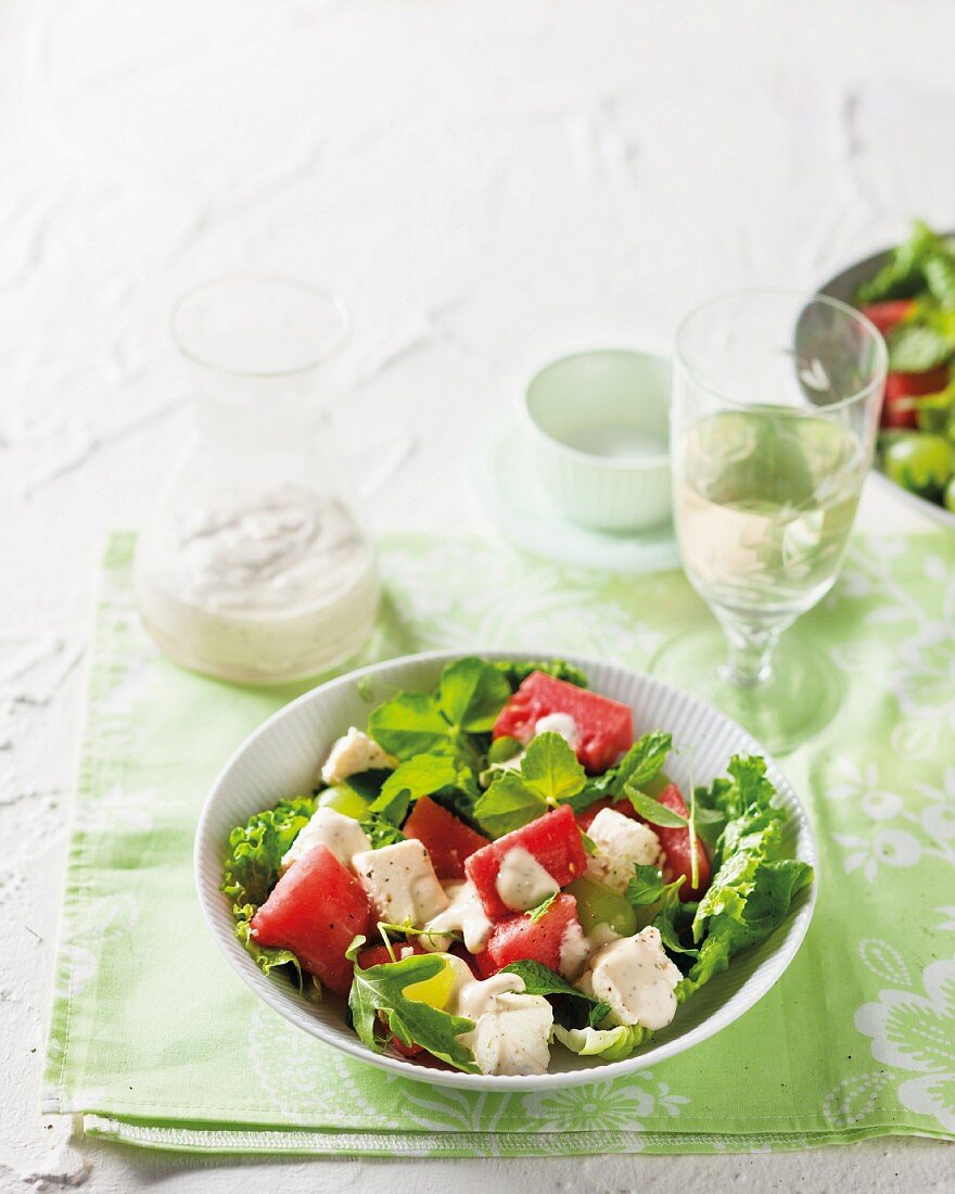 Chicken salad with watermelon and green grapes