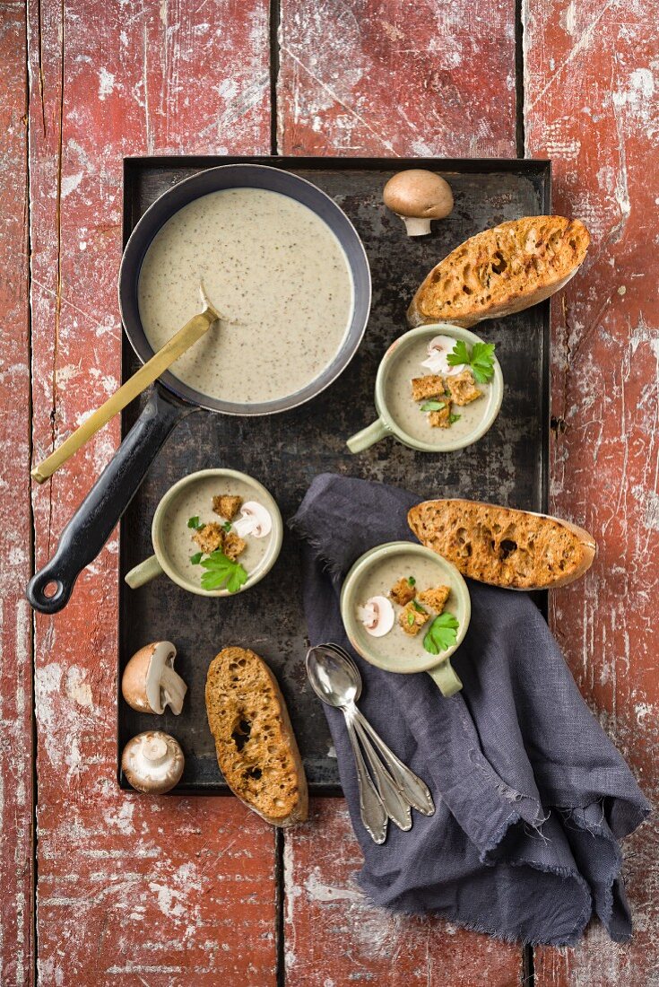 Creme of mushroom soup with croutons and baguette on a baking tray