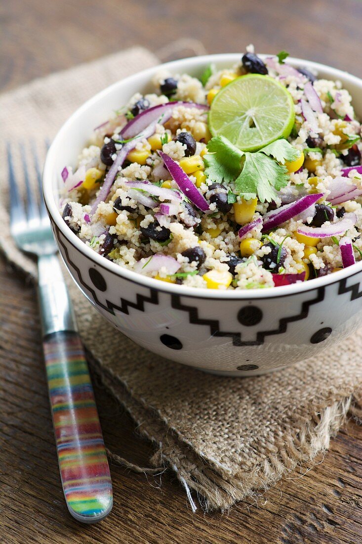 Couscous salad with black beans, sweetcorn, coriander, red onions and jalapeños (Central America)