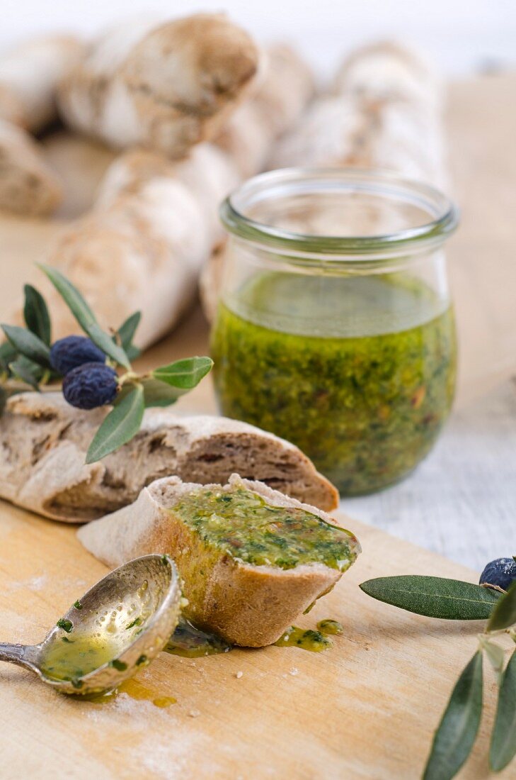 Rustic baguette with basil pesto