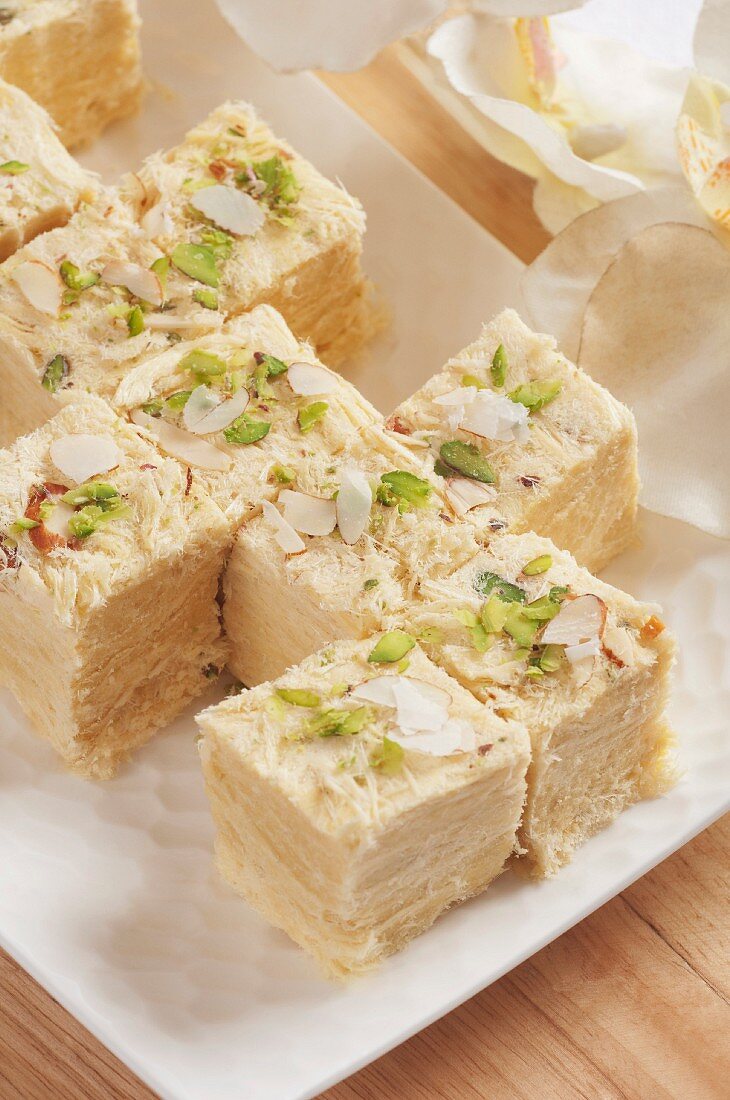 Soan papdi (traditional sweets made with cardamom, India)