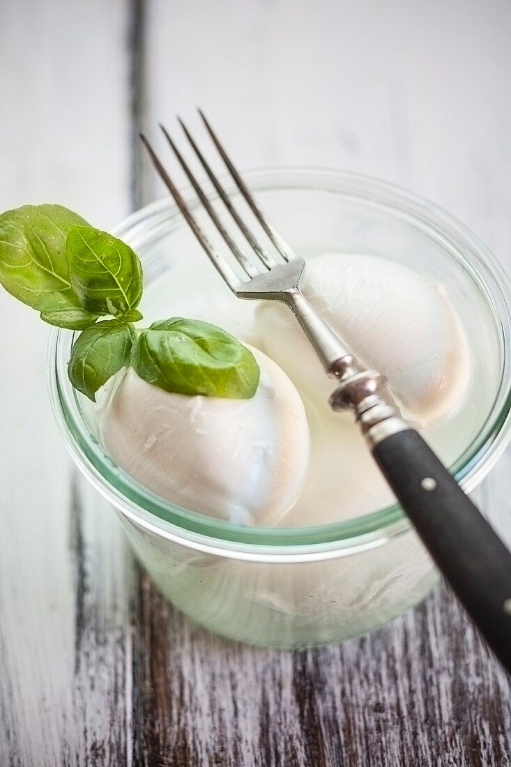 Mozzarella in salted brine with basil leaves