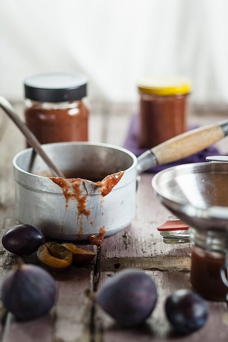 Plum and fig jam in a saucepan