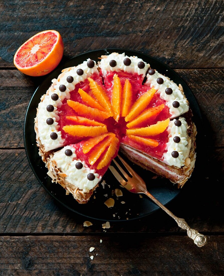 Blood orange cake, sliced