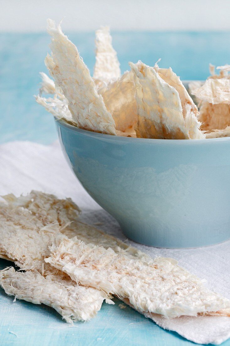 Dried Icelandic cod in a light blue bowl