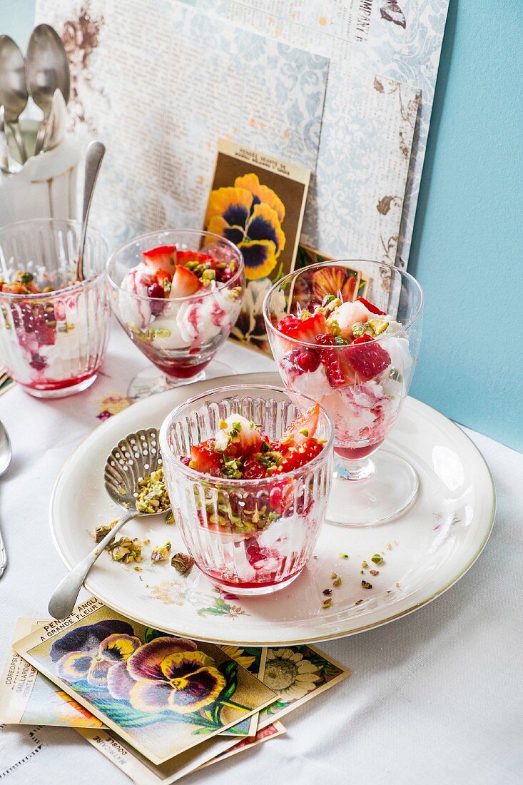 Eton Mess with strawberries and pistachios