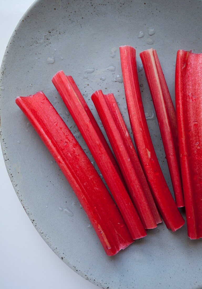 Freshly washed rhubarb stalks (seen from above)