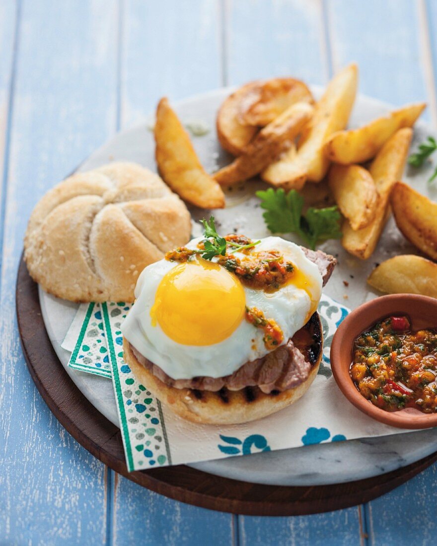 Steak sandwich with fried egg and chimichurri