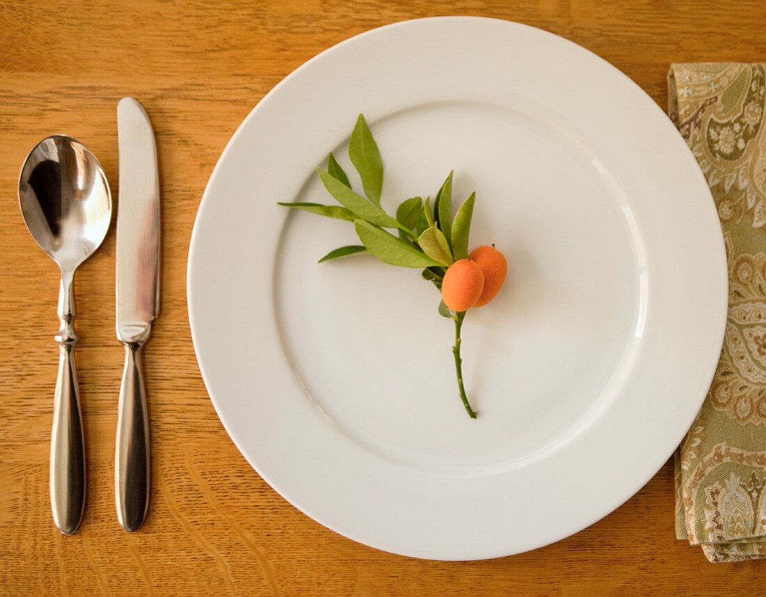 A place setting with cutlery and a fabric napkin decorated with kumquats