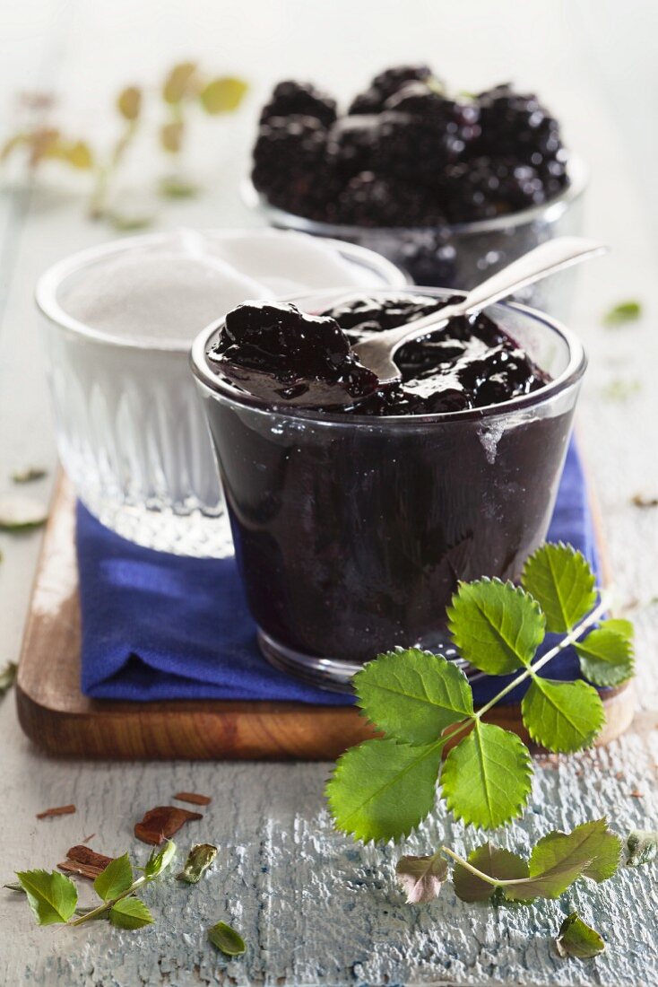 A glass of homemade blackberry jam