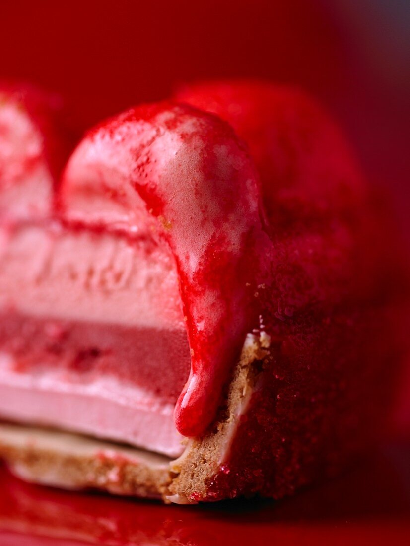 An ice cream cake with strawberry ice cream and fruit sauce (detail)