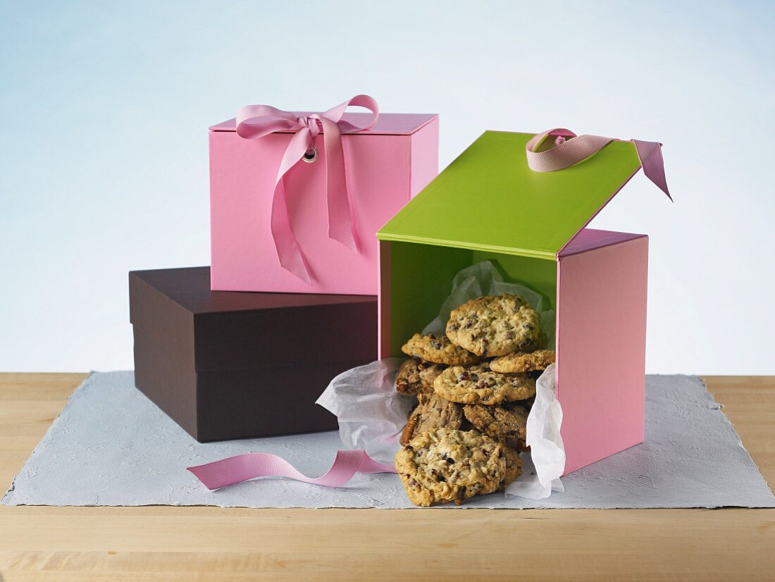 Oatmeal and raisin cookies in gift boxes