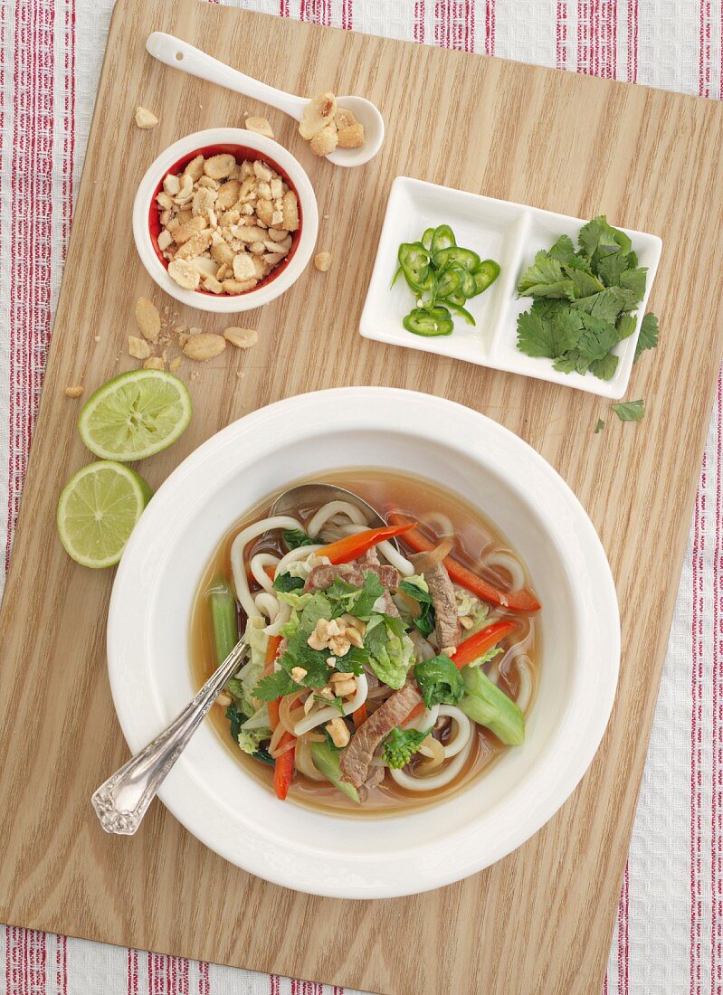 Soup with beef, ginger, noodles, peanuts and coriander (Asia)