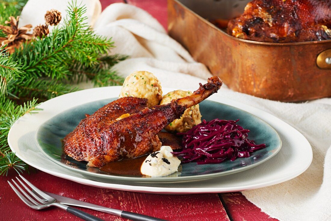 Christmas goose with pretzel dumplings, caramelised red cabbage and celery truffle purée