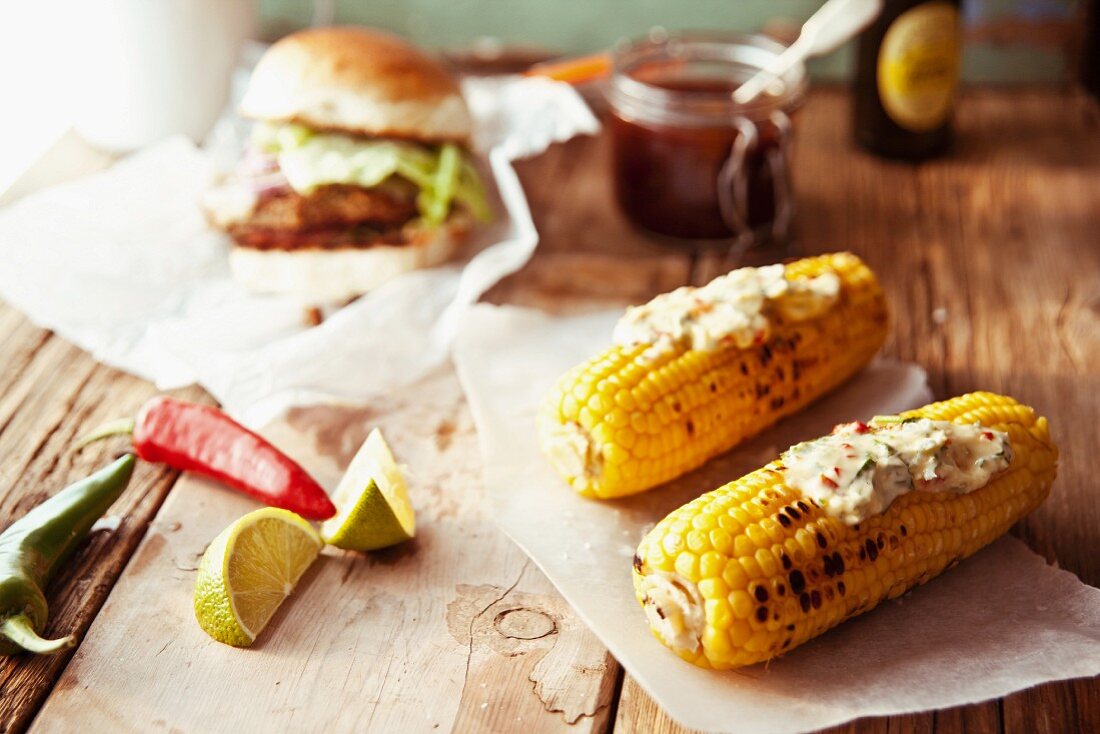 Grilled corn cobs with chilli butter and limes (Mexico)