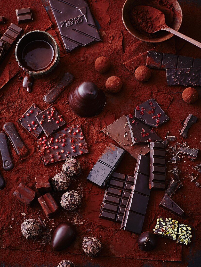 Verschiedene Schokoladensorten und Pralinen auf Kakaopulver